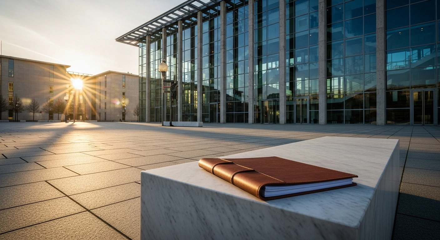 A leather-bound report sits on a marble bench in front of a German government building, representing the Alterssicherungskommission pension sustainability report.