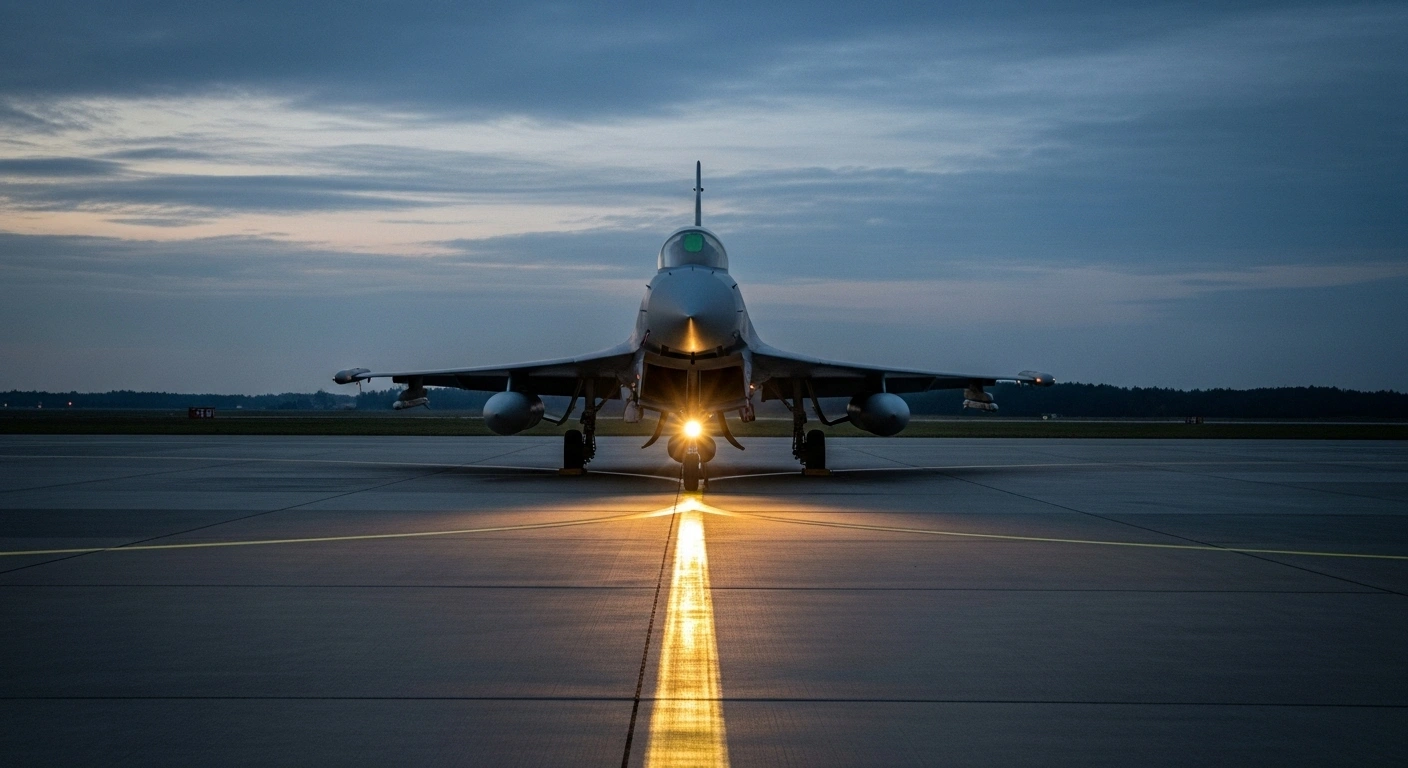 A German Eurofighter jet is prominently displayed on the tarmac of Poland's Malbork air base at dawn, symbolizing NATO's enhanced air defense and deterrence on its eastern flank.
