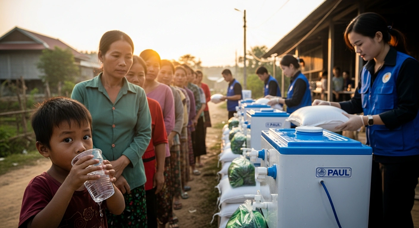 A wide shot captures a sun-drenched, bustling rural Vietnamese village post-disaster, where a child in the foreground drinks clean water from a portable PAUL unit, while in the mid-ground, villagers receive essential relief items from aid workers, symbolizing humanitarian aid from Germany and Poland.