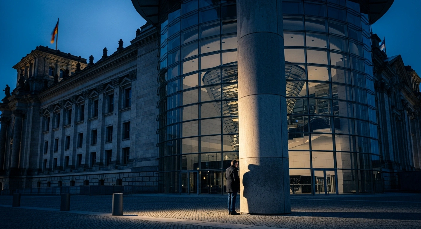 The German parliament building stands at dusk as a symbol of the political debate surrounding legislation on Israel's right to exist.
