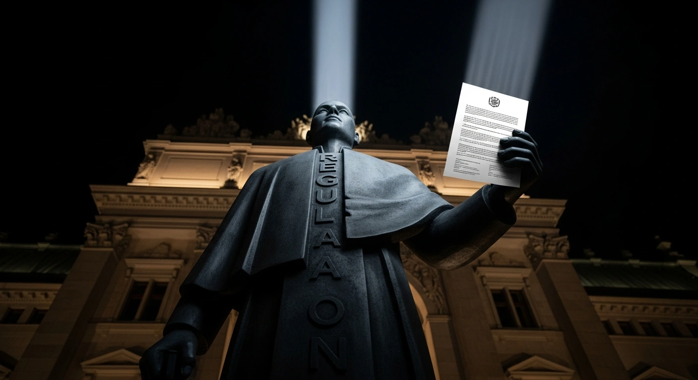 A dramatic low-angle shot of a stylized figure representing legal authority, holding a meticulously detailed official document under a strong beam of light, symbolizing Germany's draft bill to update its Product Safety Act (ProdSG) and align it with the EU's General Product Safety Regulation (GPSR), strengthening enforcement and clarifying language requirements.