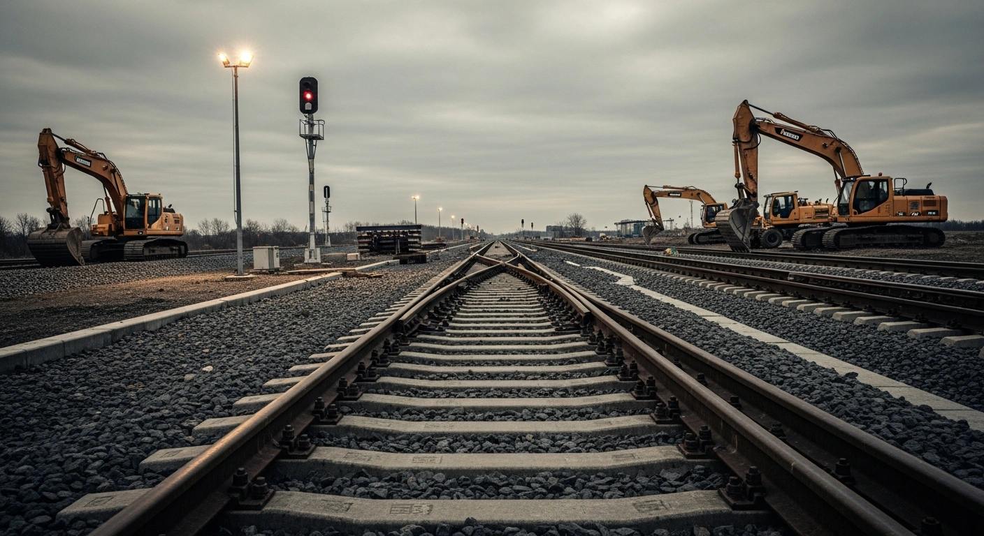 A desolate, partially dismantled railway track with dormant construction machinery under an overcast sky visually represents the widespread disruptions and construction site management deficiencies that led to millions in penalties, including 2.8 million euros, levied against Deutsche Bahn's infrastructure arm, DB InfraGO, by Germany's Federal Network Agency.