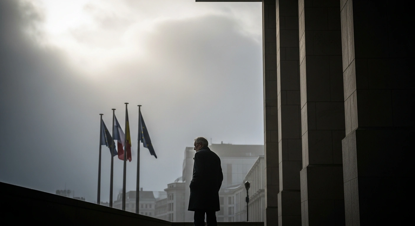 A solitary figure stands before a government building as European officials reject Gerhard Schroeder as a mediator in the Ukraine conflict.