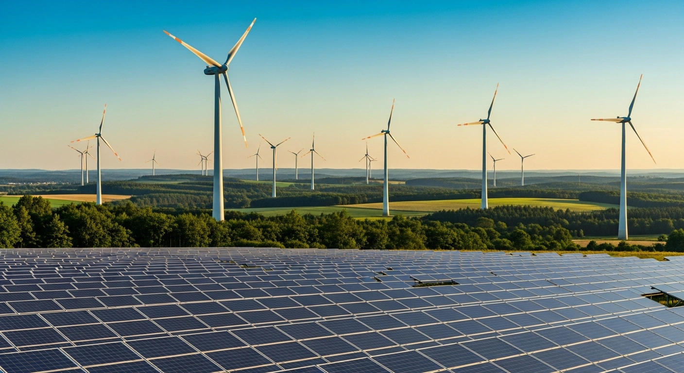 A vast landscape in Germany features modern wind turbines and solar panels as part of the country's transition to renewable energy.