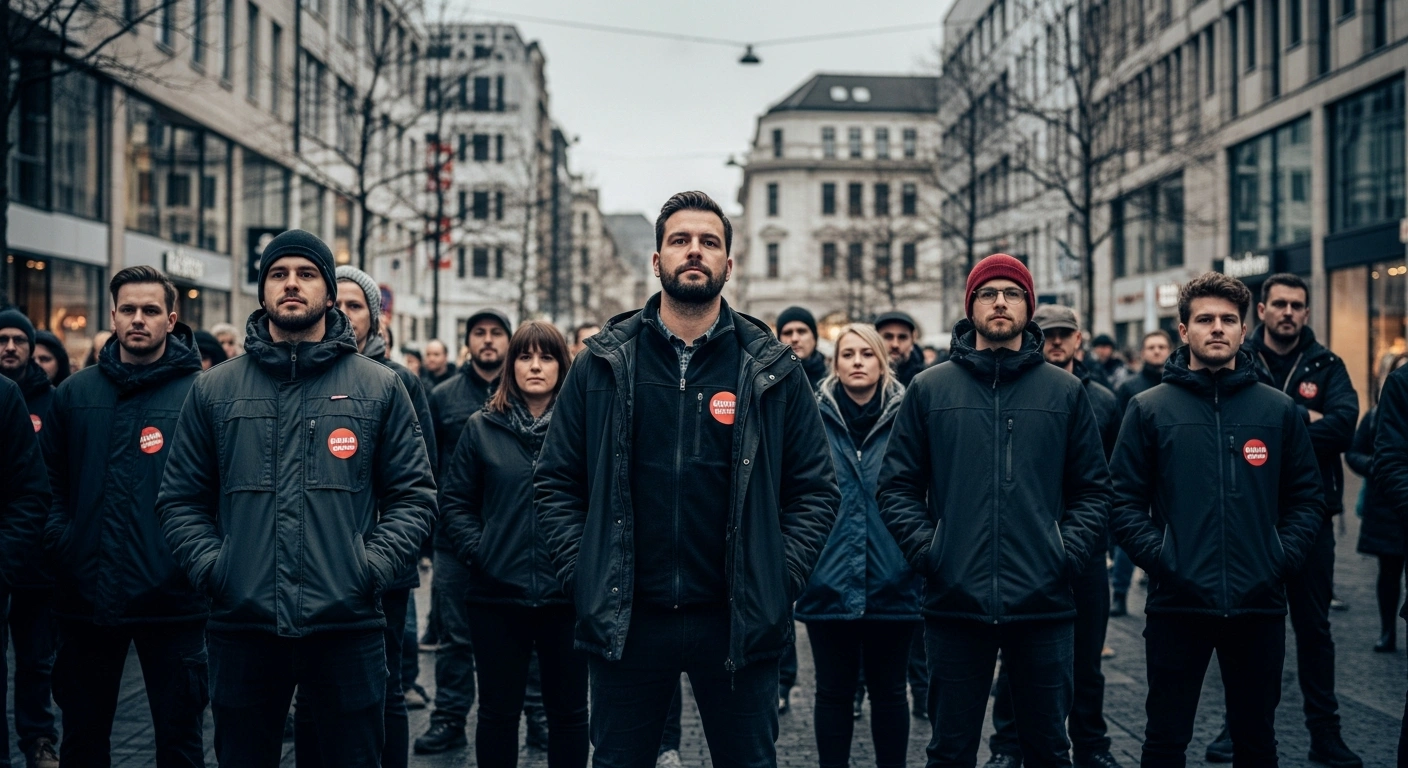 Retail and wholesale workers gather in a German city square to participate in a nationwide strike for higher wages.
