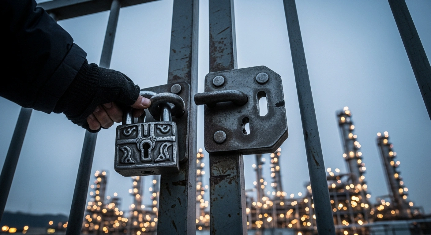 A strong hand firmly closing a heavy industrial lock on a weathered steel gate, with a vast oil refinery visible in the background, symbolizing Germany's long-term control over Rosneft Deutschland and RN Refining & Marketing assets and refineries to ensure energy security and stable operations, following European Commission approval of an indefinite trusteeship.