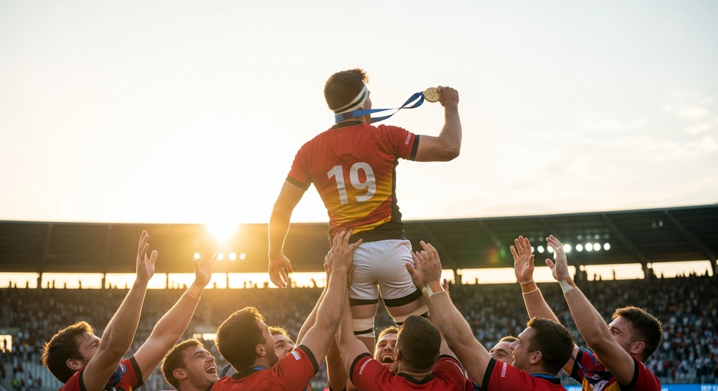 Germany's men's rugby sevens team celebrates their gold medal victory at the HSBC SVNS 2 tournament in Nairobi, Kenya, on February 15, 2026, with a player being lifted by teammates, holding the medal aloft under a golden sky.
