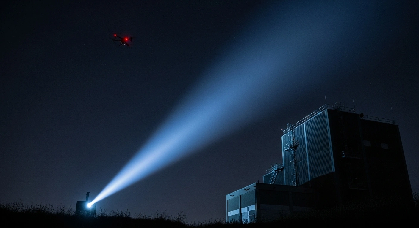 A powerful searchlight cuts through the night sky, illuminating a critical infrastructure facility as a faint drone silhouette hovers in the distance, representing Germany's heightened defense against Russian hybrid attacks and espionage.