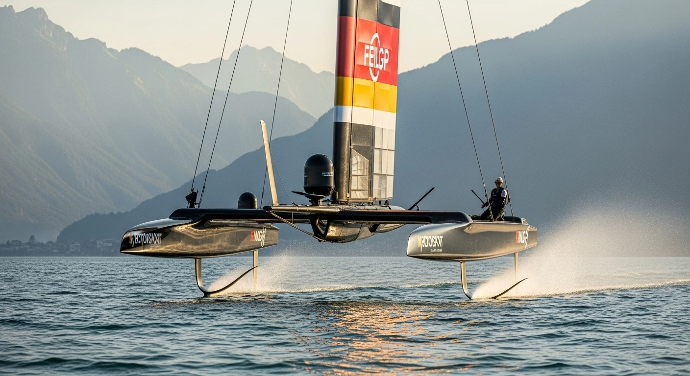 A German F50 catamaran, representing the Germany SailGP Team, is captured from a low angle, sailing triumphantly on the calm, reflective waters of Lake Geneva during golden hour, after winning the Rolex Switzerland Sail Grand Prix.