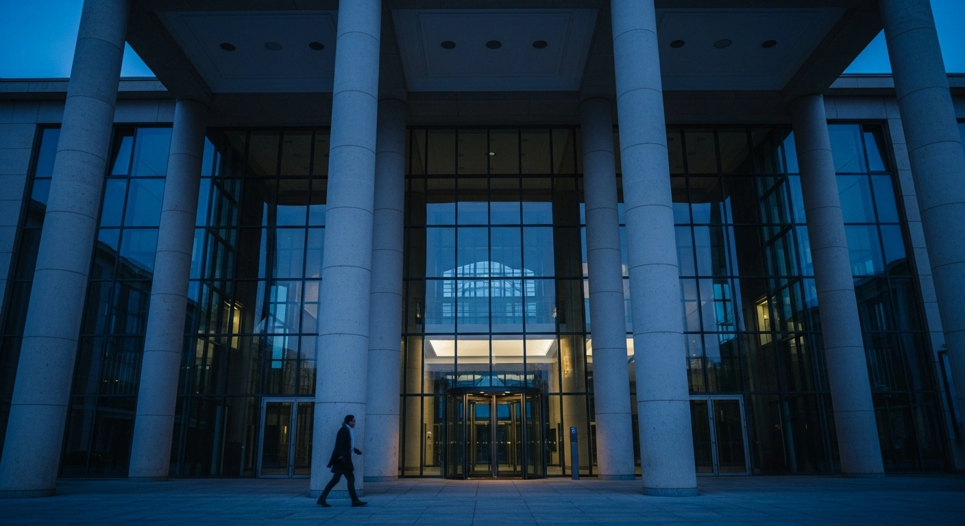 A modern government building in Berlin stands under a twilight sky, representing the investigation into false reports regarding German security alerts.