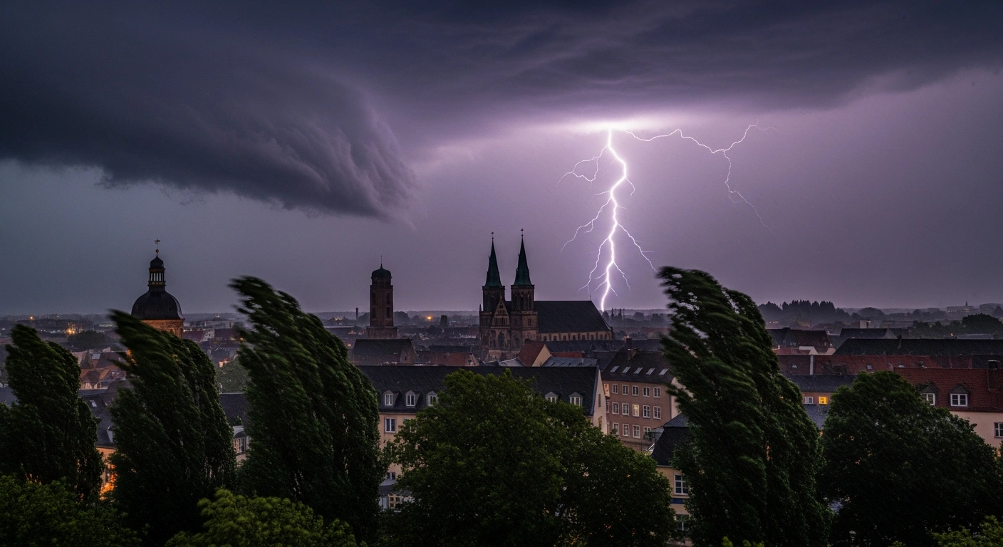 A dramatic storm with lightning and heavy rain looms over a German city as the German Weather Service issues severe weather warnings.
