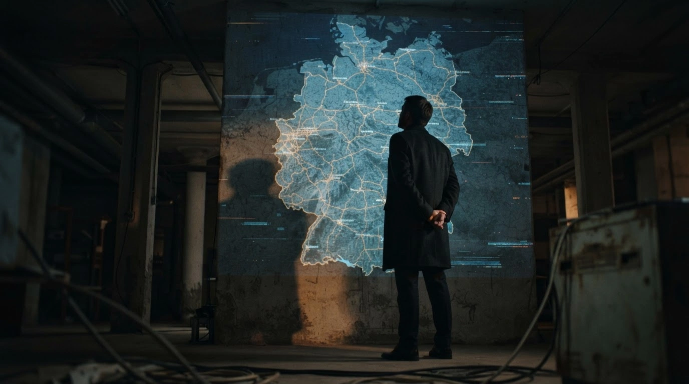 A silhouette of a man stands in a dark room observing a glowing map of Germany, representing the shadow war and destabilization threats described by Alexander Dobrindt.