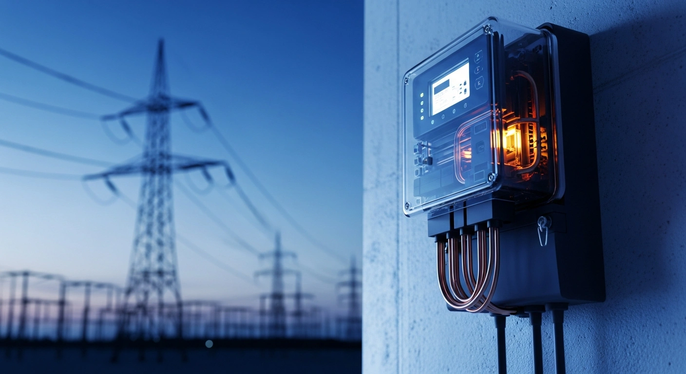 A close-up view of a modern smart electricity meter installed on a wall, representing the enforcement of digital infrastructure quotas by the German Federal Network Agency.