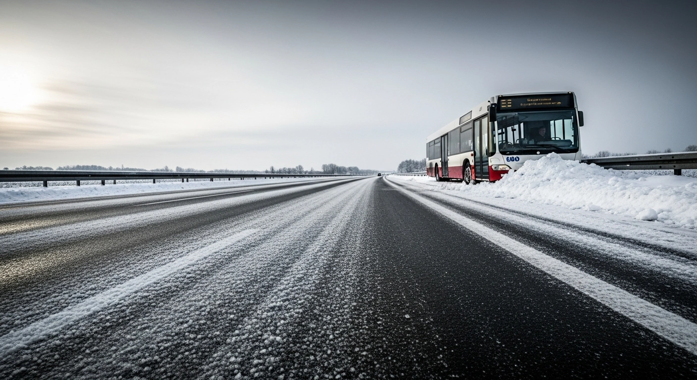 A deserted German autobahn at dawn, covered in heavy snow and black ice, with a public transport bus stuck on the shoulder, illustrating significant traffic disruptions and road closures due to severe winter weather.