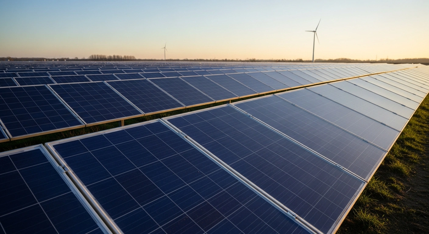 A vast field of solar panels stretches across the German landscape, representing the country's significant expansion of renewable energy capacity.