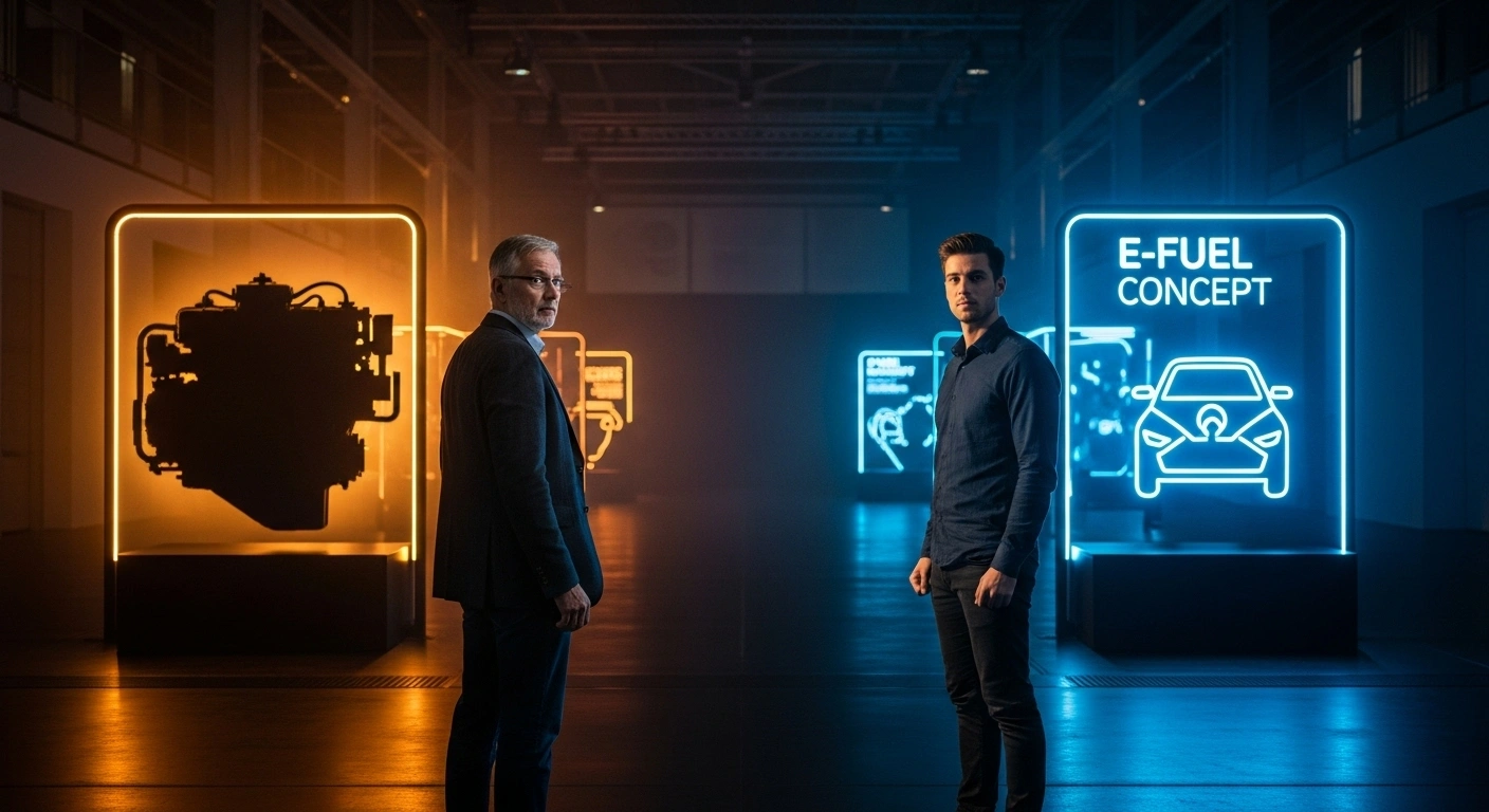 A cinematic image depicts an internal debate within Germany's SPD party, showing an older figure contemplating a classic combustion engine while a younger figure looks towards a futuristic e-fuel display, symbolizing the conflict over the EU's 2035 combustion engine ban.