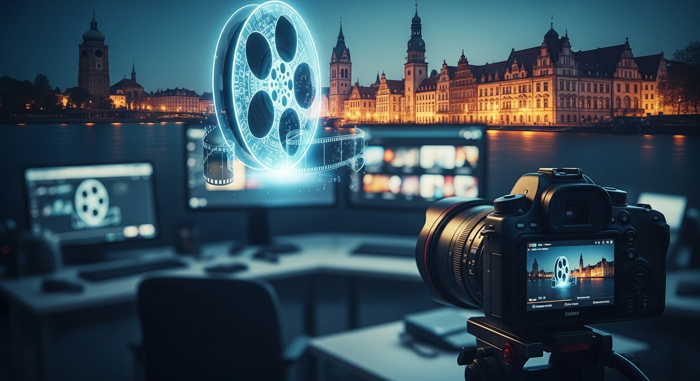 A cinematic representation of the German media industry showing digital streaming technology merging with traditional European audiovisual production equipment.