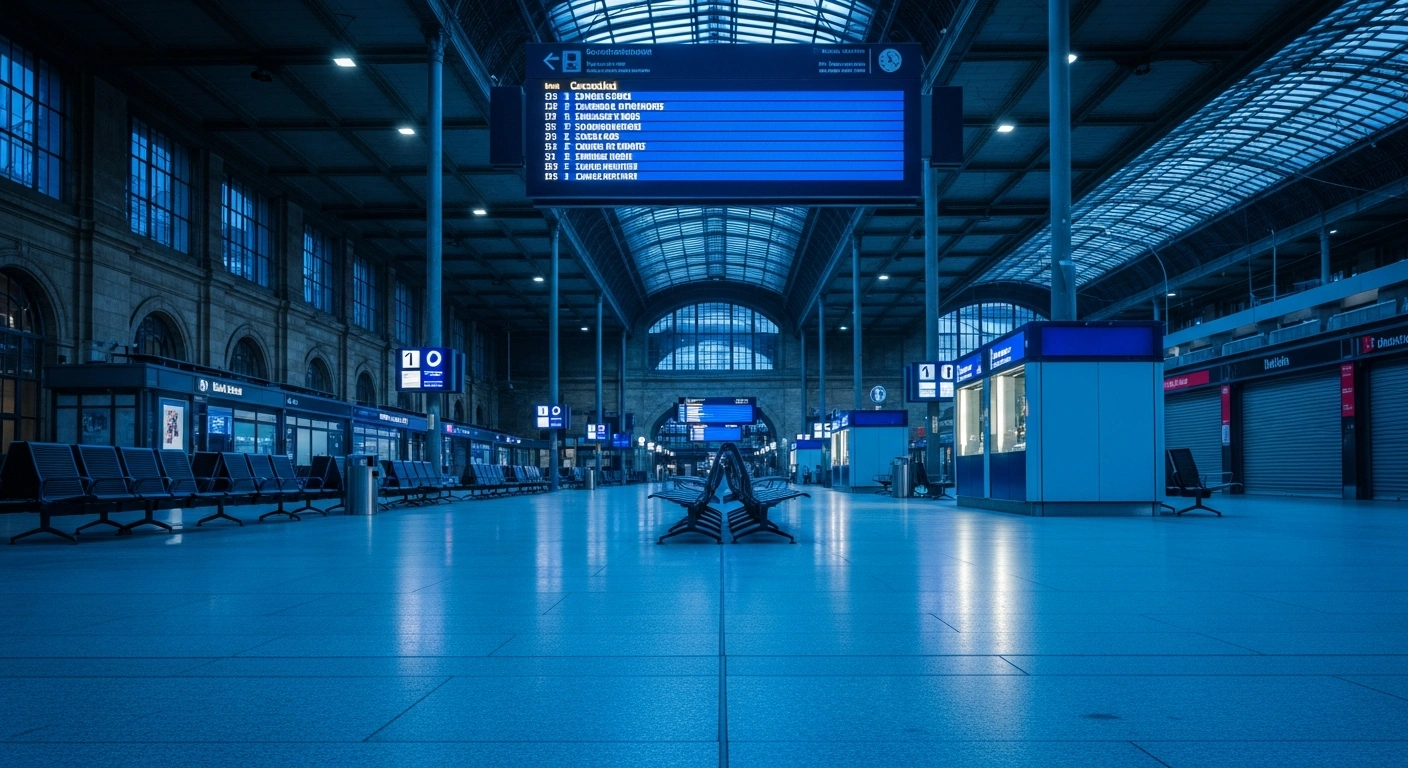 A wide, low-angle view of a vast, deserted train station concourse in Germany, illuminated by the cold, blue light of a pre-dawn winter morning, symbolizing the nationwide warning strike by Verdi and EVG unions that brought public transport, airports, and railways to a standstill.