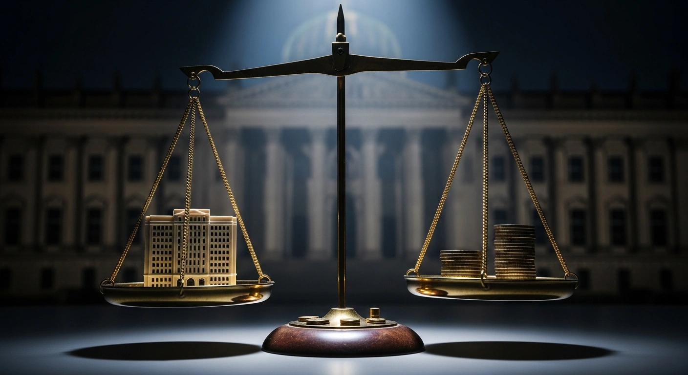 A vintage brass balance scale with a miniature apartment building on one pan and a stack of coins on the other, set against a blurred classical German courthouse facade, symbolizing the Federal Court of Justice's ruling that tenants cannot profit from subletting, only cover expenses.