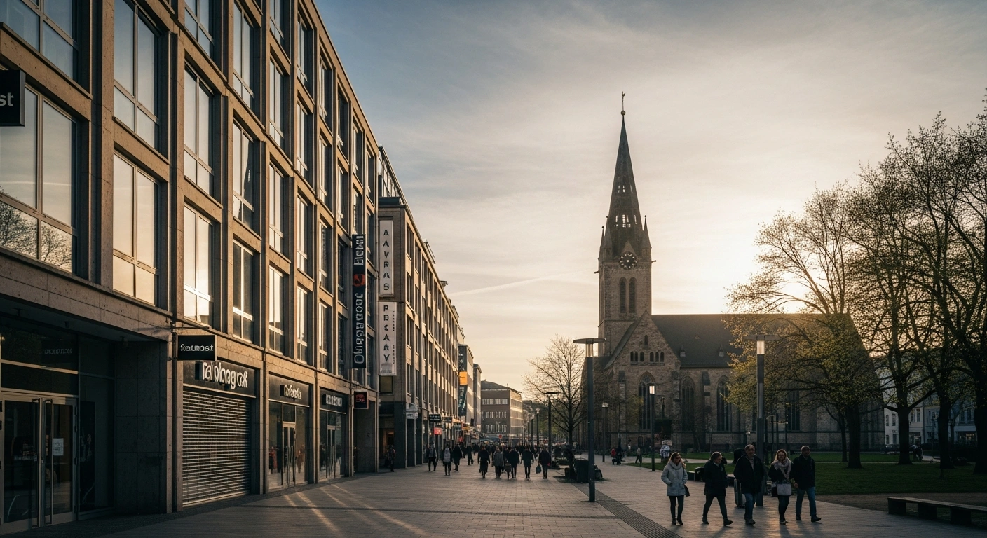 A quiet German city street shows the contrast between a closed shopping district and a historic church during the traditional Sunday day of rest.