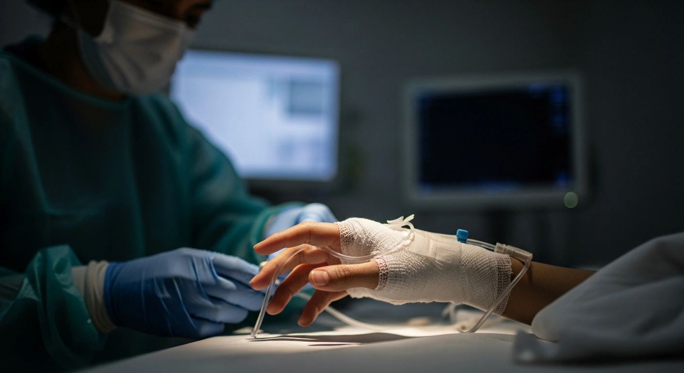 A close-up shot shows a patient's bandaged hand receiving specialized burn treatment in a German hospital, symbolizing the critical care provided to severely injured patients from the New Year's Eve bar fire in Crans-Montana, Switzerland, as part of an international aid effort.