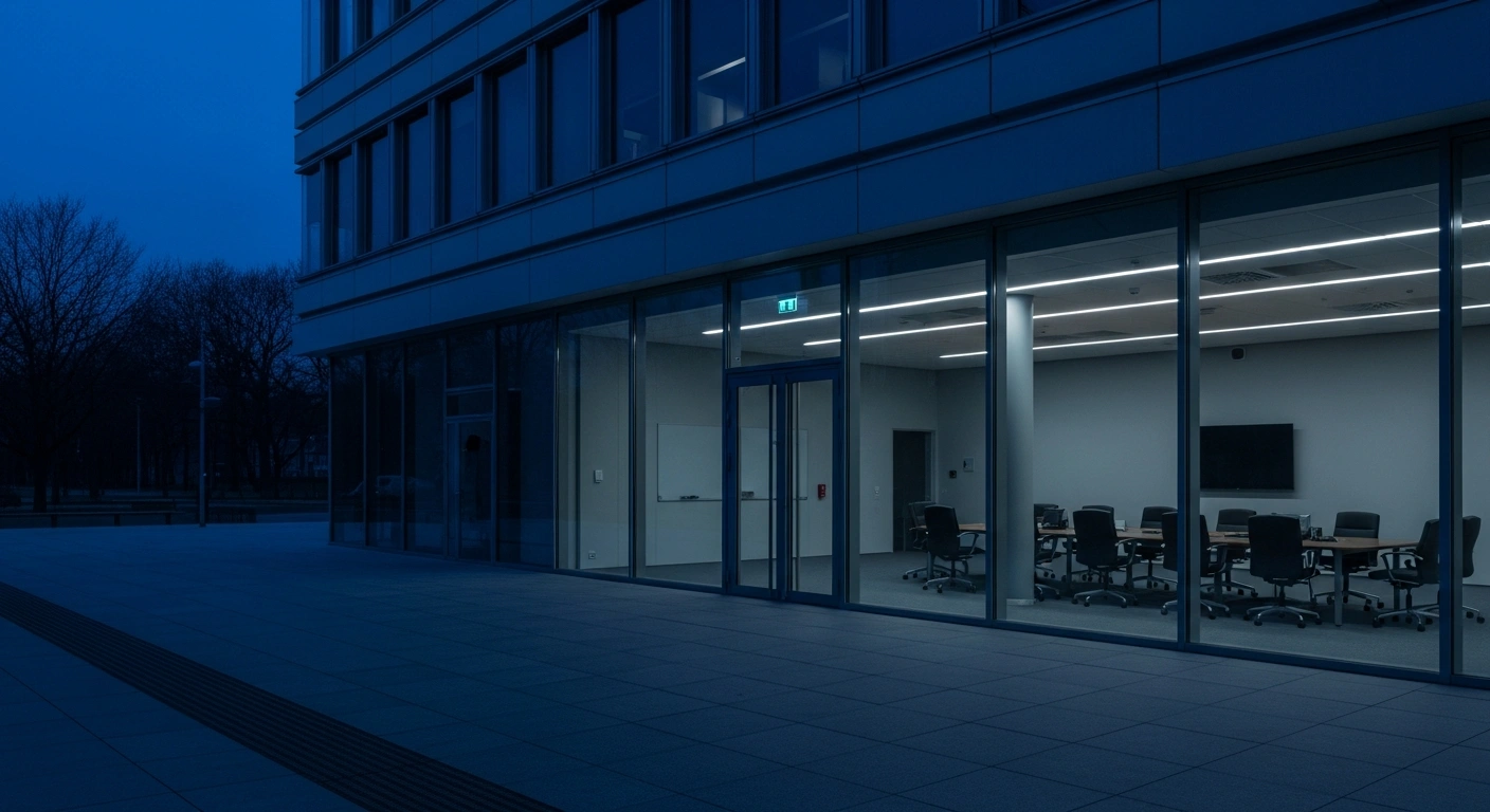 A modern office building stands empty at dusk, representing the lack of diplomatic meetings between Germany and Syria due to international sanctions.