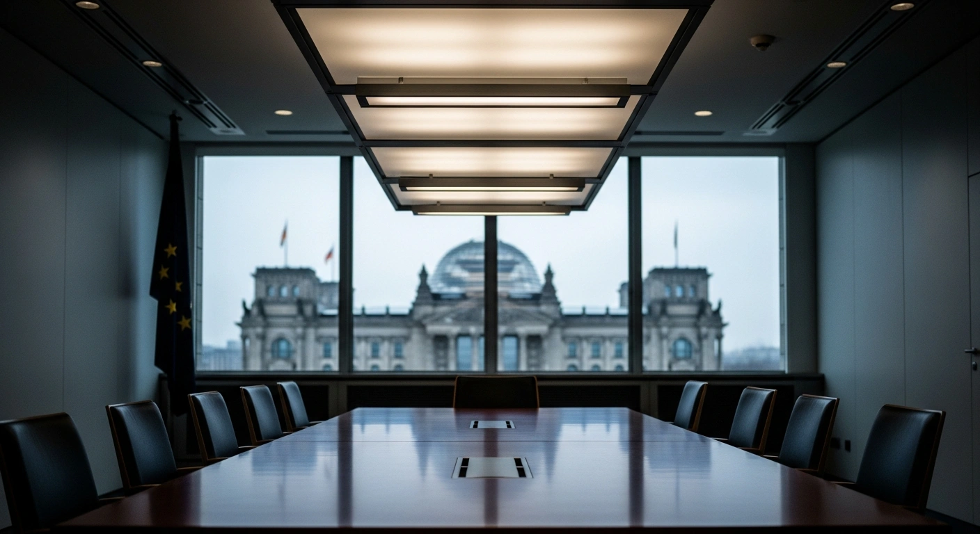 A modern office setting in Berlin represents the diplomatic negotiations between Germany and the Taliban-led government regarding the deportation of Afghan nationals.