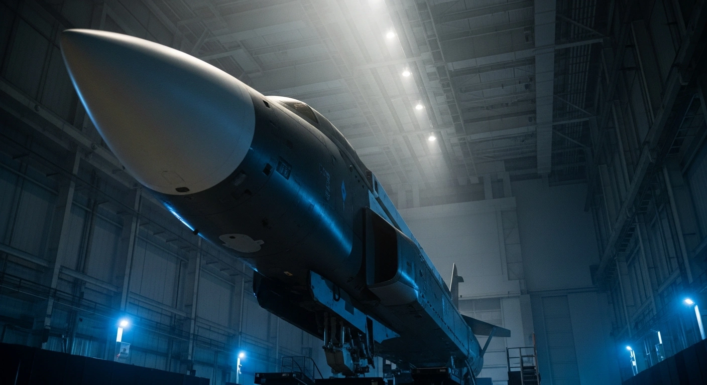 A sleek, dark grey TAURUS NEO cruise missile is dramatically illuminated within a high-tech assembly hall, symbolizing Germany's significant investment in next-generation deep strike capabilities and European deterrence.