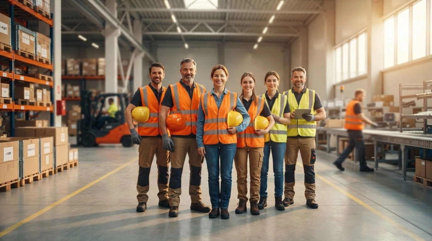 A group of temporary workers in high-visibility gear stand in a modern German warehouse to represent the official increase in the minimum hourly wage.