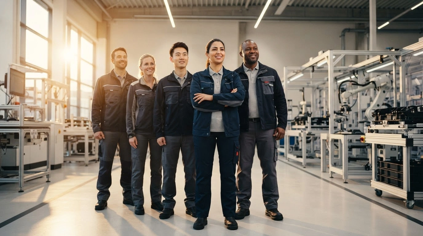 A group of industrial workers stands in a modern German factory to represent the mandatory minimum wage increase for temporary employees.