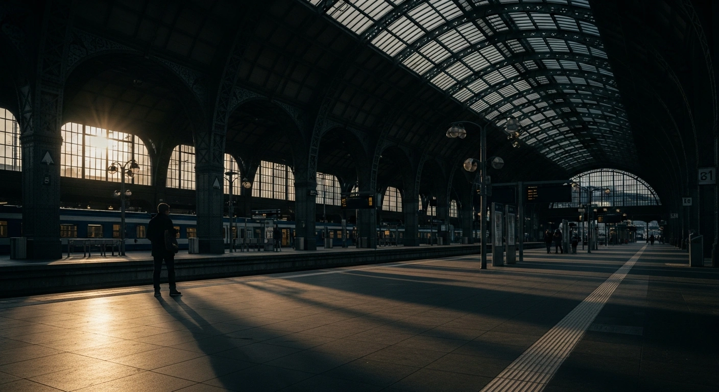 A dimly lit, expansive platform of a grand European train station at dusk, with a lone, silhouetted figure standing near the edge, conveying a sense of unease amidst concerns over increased violent and sexual offenses in German train stations like Berlin, Dortmund, and Munich Hauptbahnhofs.
