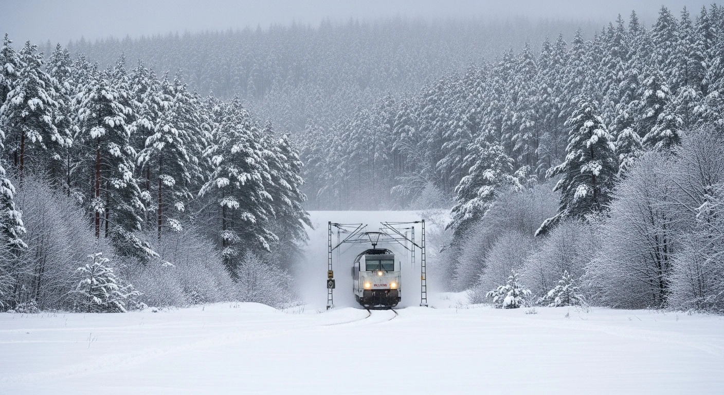 A long-distance train slowly travels through a snow-covered landscape in northern Germany, symbolizing the gradual resumption of services after severe disruptions caused by Winter Storm Elli, which brought heavy snow, freezing rain, and hurricane-force winds.