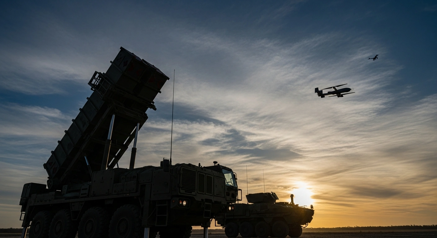 A modern Patriot missile defense system stands ready at dawn, with an armored vehicle and a drone visible in the scene, symbolizing Germany's significant financial and military aid, including artillery, drones, armored vehicles, and Patriot systems, for Ukraine's defense.