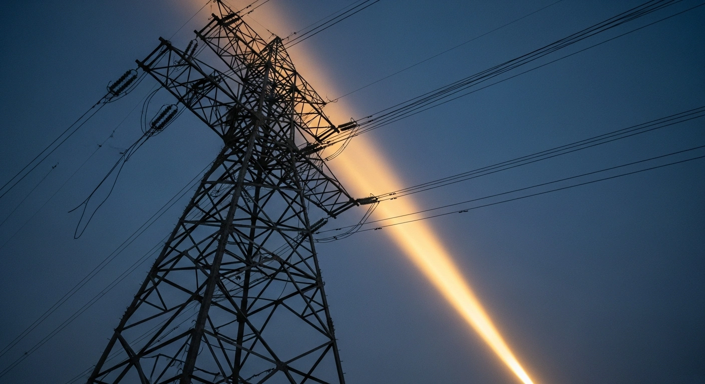 A powerful golden light illuminates a resilient, partially damaged power transmission tower against a twilight sky, symbolizing Germany's significant financial contribution to bolster Ukraine's critical energy infrastructure against ongoing attacks.