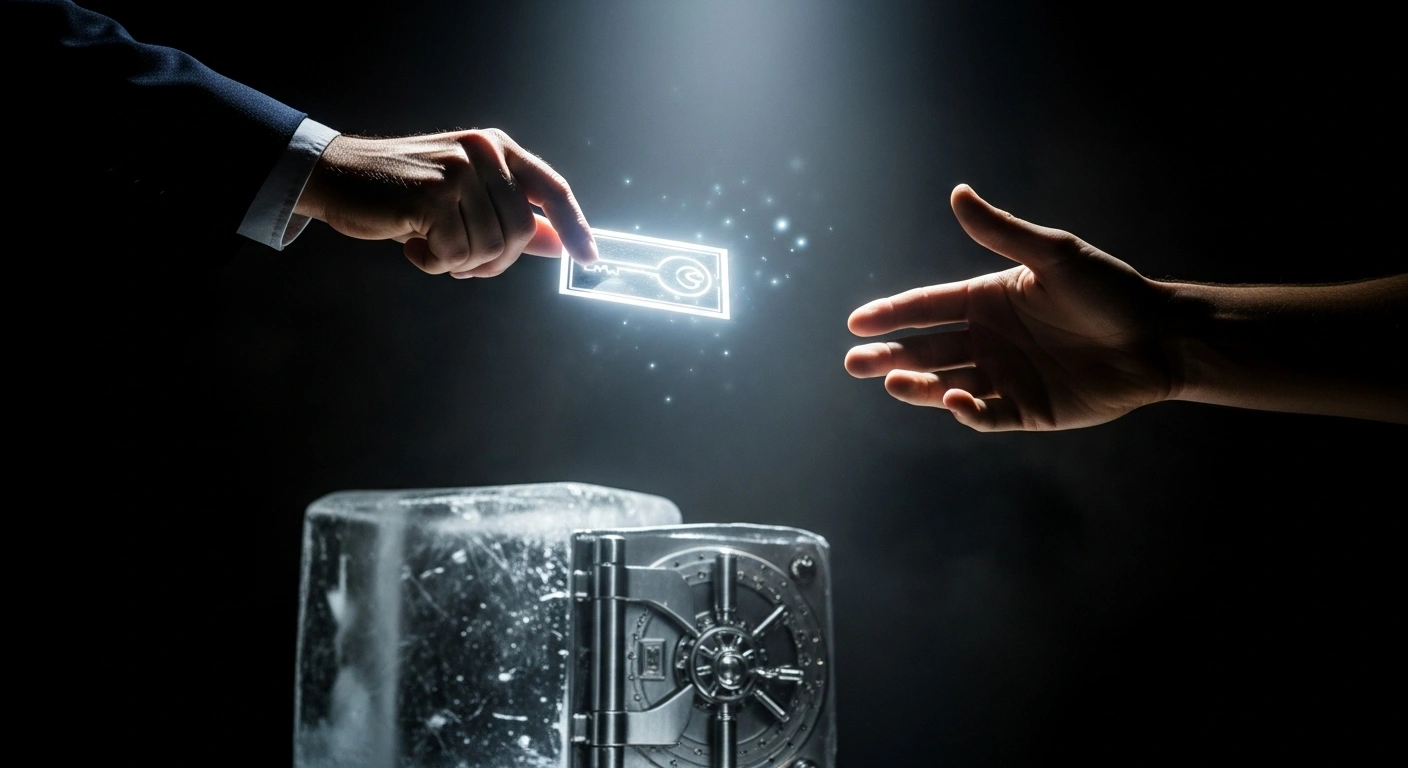 A symbolic image shows one hand extending a glowing blueprint, representing an EU proposal for an interest-free loan to Ukraine using frozen Russian state assets, towards another hand reaching from a shadowed background, symbolizing Germany's shift in stance to bolster Ukraine's defense.