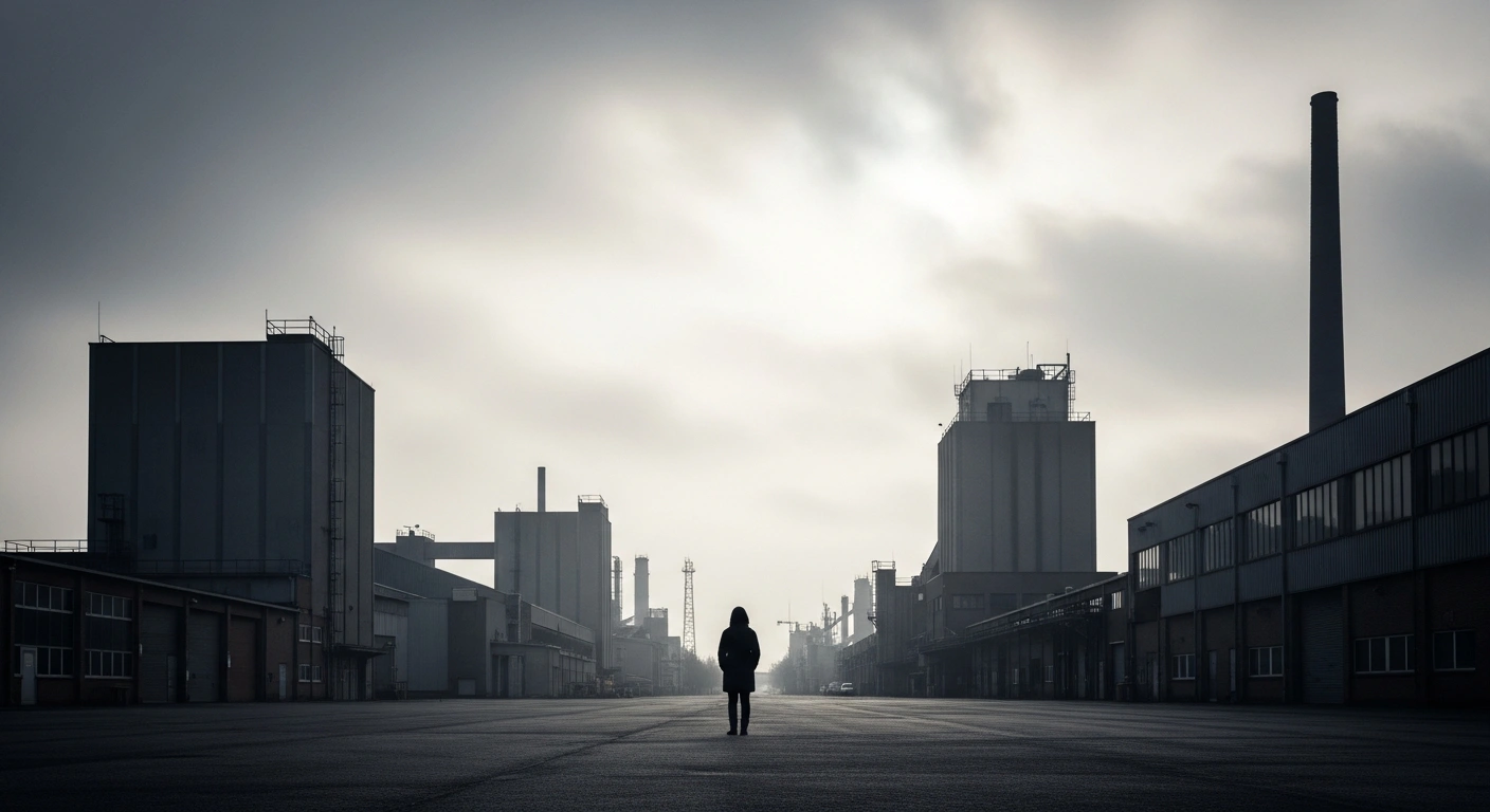 A wide, low-angle shot of a lone, silhouetted figure standing in a desolate, grey industrial park under an overcast January sky, symbolizing Germany's rising unadjusted unemployment to 3.085 million, the highest January level since 2014, and a lack of labor market momentum.