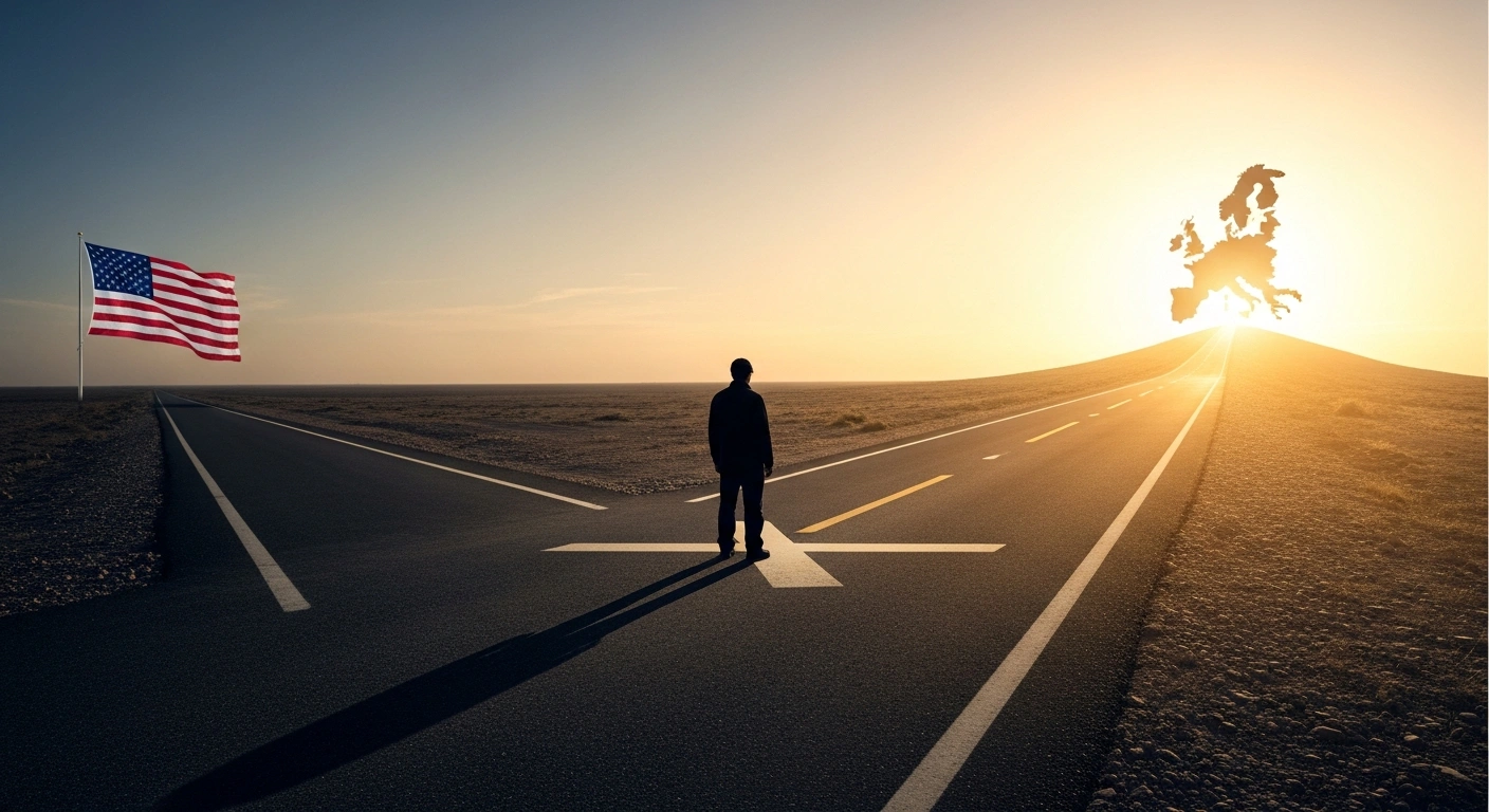 A silhouetted figure representing Germany stands at a crossroads, gazing towards a rising European symbol on the right, while a distant, faded American flag is visible on the left, illustrating Germany's Social Democrats' call for a reassessment of the US relationship amid reliability concerns and a push for greater European autonomy.