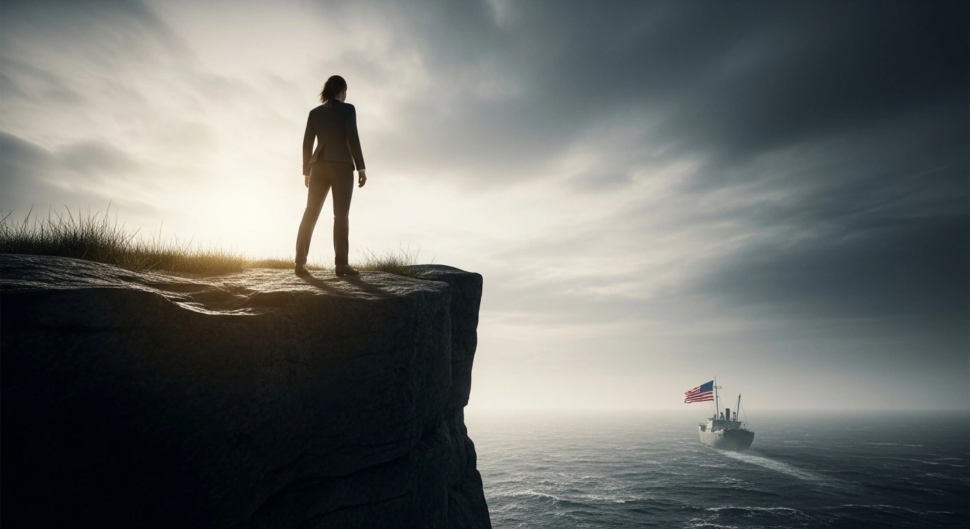 A lone figure, symbolizing Germany or Europe, stands on a windswept cliff, gazing at a distant, tattered American flag on a listing ship, representing the reassessment of the US relationship and the push for European strength and independence amidst concerns over US reliability.