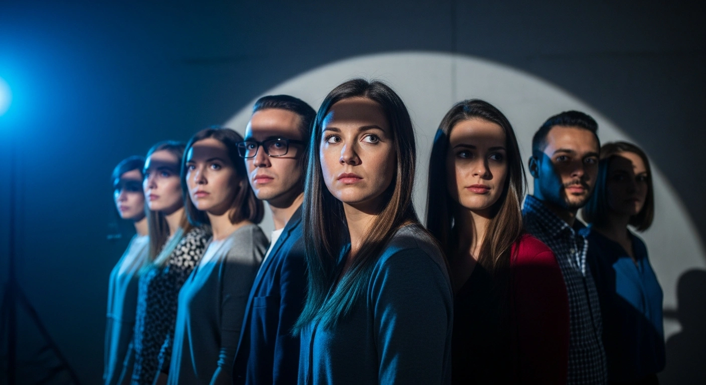 A diverse group of people, representing Germany, the United States, and the United Kingdom, look with expressions of skepticism and unease at an unseen digital interface, symbolizing their widespread rejection of Artificial Intelligence as indicated by a recent flash poll from the Edelman Trust Institute.