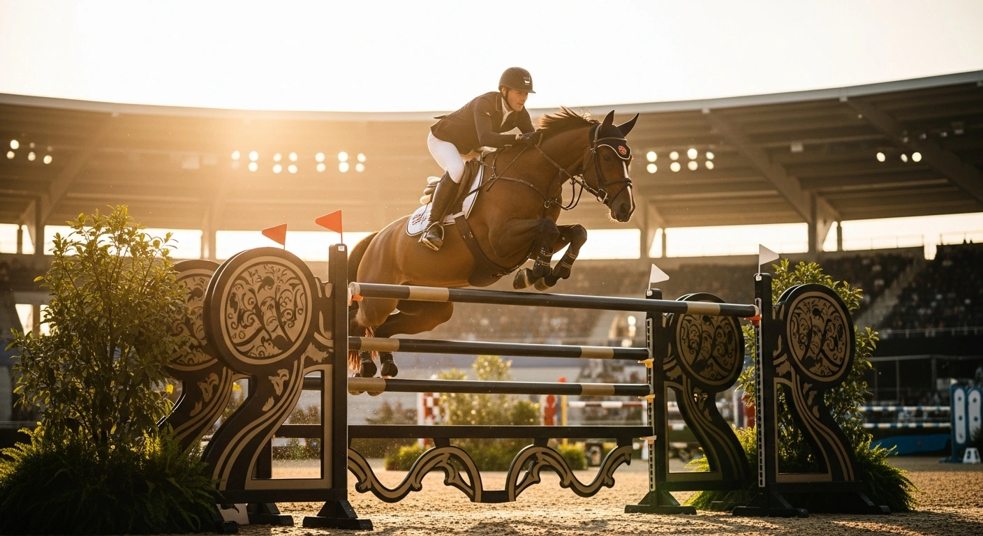 A German equestrian rider clears a jump during the Longines League of Nations competition at the World Equestrian Center in Ocala, Florida.