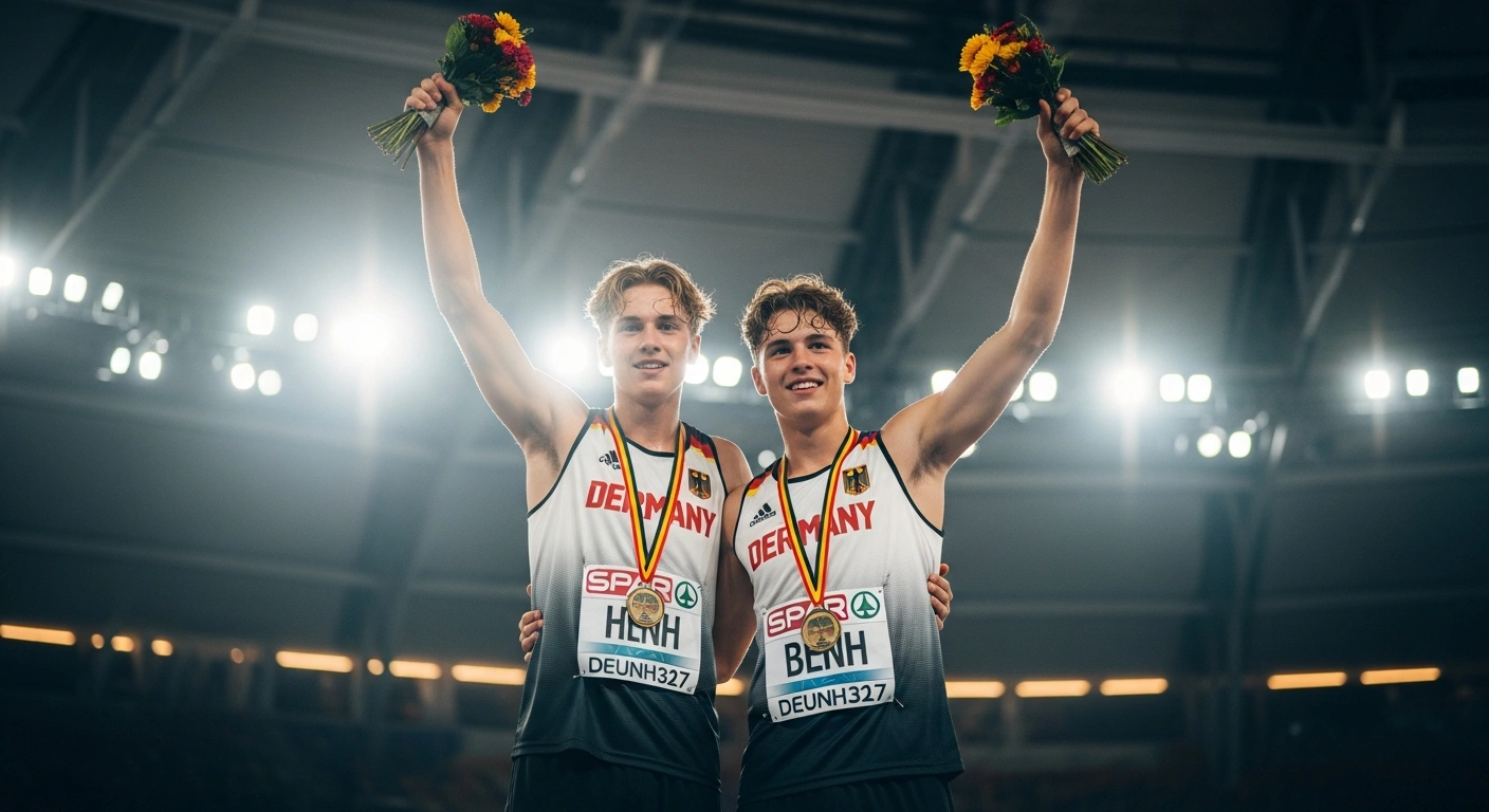 Valentin Rovinolo and Luis Thieke celebrate winning the gold medal in the Men's Relay at the UIPM 2026 Pentathlon U17 World Championships.