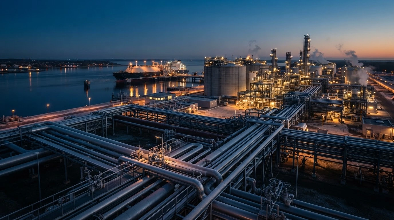 A modern natural gas infrastructure facility in Germany stands prepared for the winter season with secure supply routes.