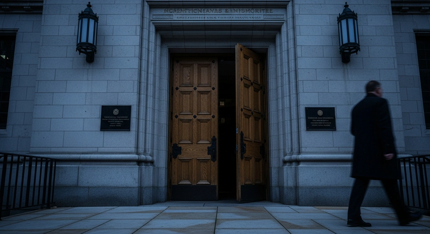 A somber view of a courthouse entrance representing the conclusion of the civil lawsuit against Gerry Adams regarding historical IRA bombings.