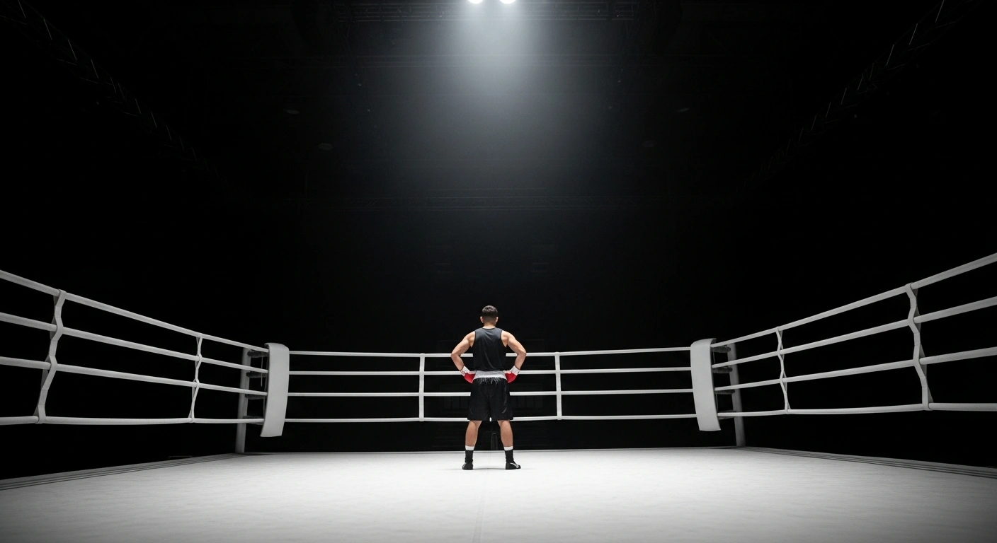 A lone boxer stands in a pristine, spotlight-illuminated boxing ring within a darkened arena, symbolizing Ghana's professional boxing suspension being lifted after comprehensive reforms to ensure athlete welfare.