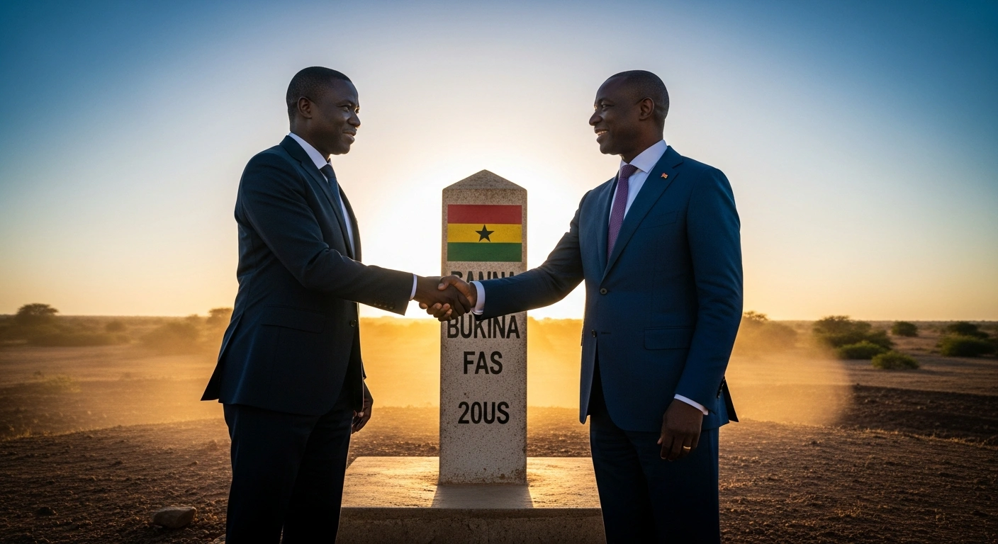Government officials from Ghana and Burkina Faso shake hands during a bilateral meeting to discuss the management of their shared land boundary.