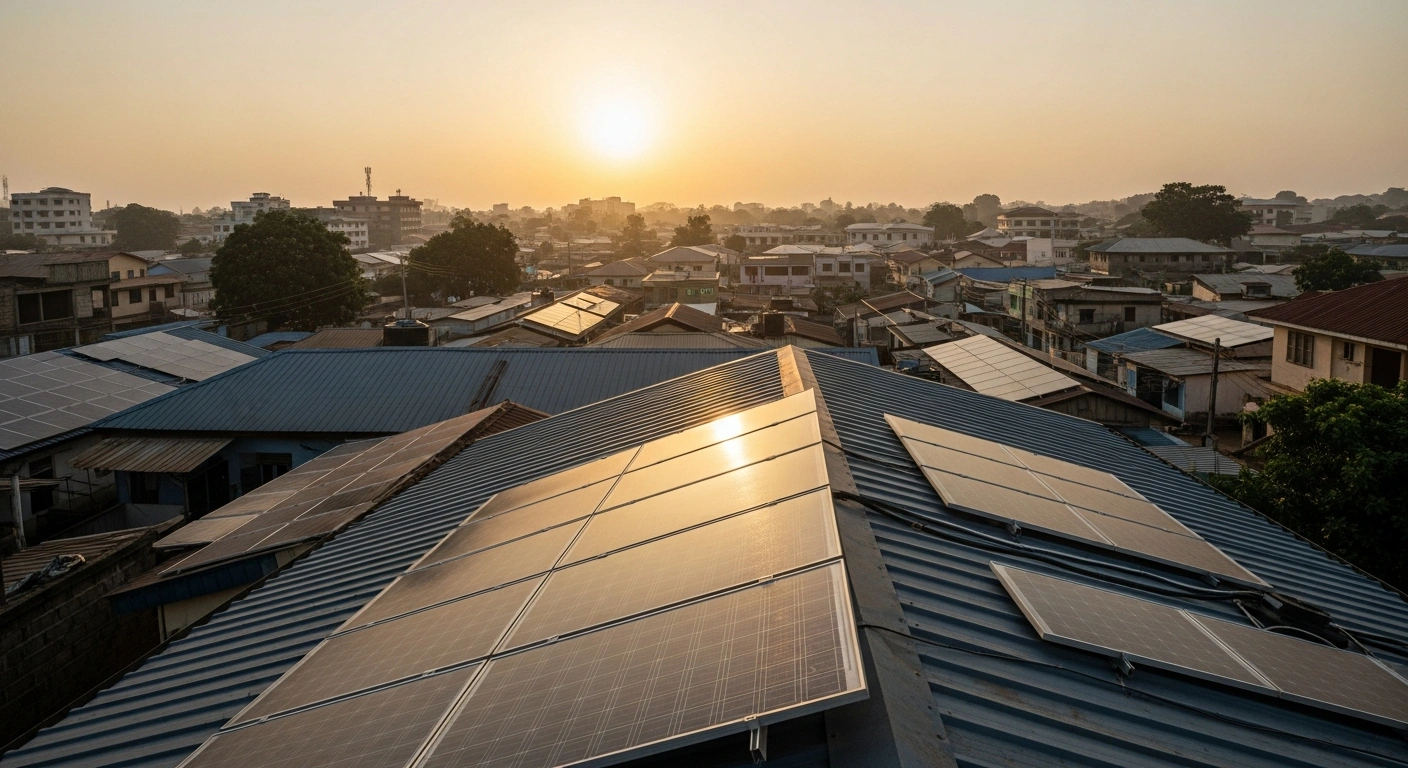 A wide, low-angle shot of a Ghanaian city at sunrise, showing numerous rooftops equipped with glinting solar panels, symbolizing Ghana's National Clean Energy Programme to install 4,000 rooftop solar systems and attract private investment.