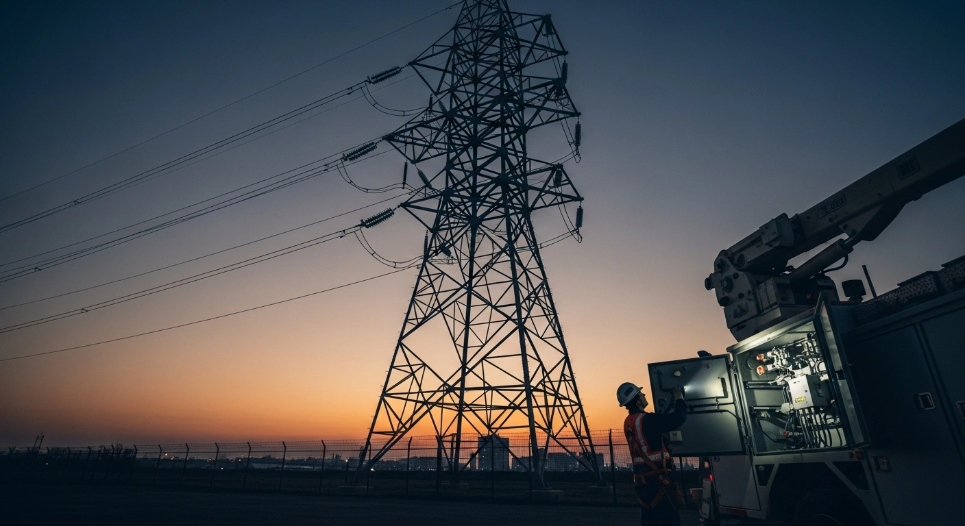 A technician inspects electrical infrastructure near a high-voltage pylon during a maintenance operation by the Electricity Company of Ghana.