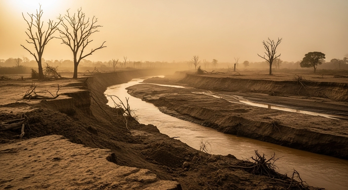 A wide, low-angle shot of a desolate Ghanaian landscape shows a murky, ochre-colored river flowing through barren, excavated earth with skeletal trees under a hazy sky, depicting the severe environmental collapse and water scarcity caused by illegal mining.