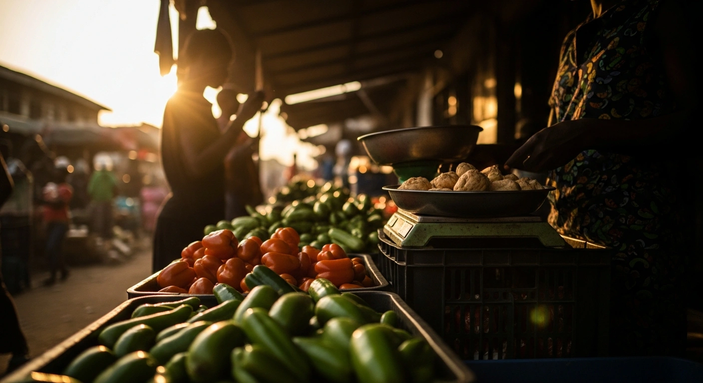 A merchant at a Ghanaian market displays fresh produce as food prices contribute to a rise in the national consumer inflation rate in May 2026.