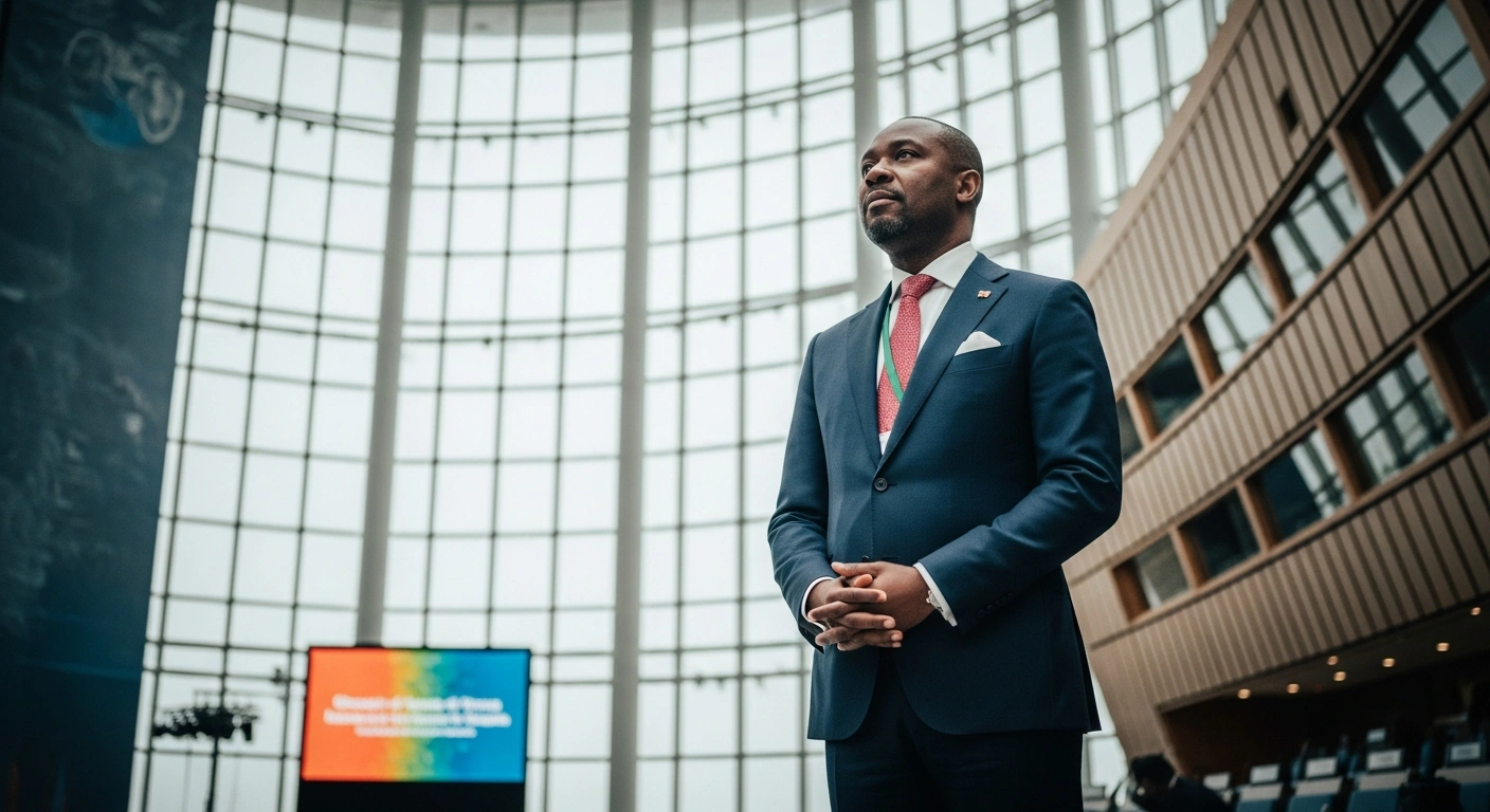 Ghana's Minister of Lands and Natural Resources, Emmanuel Armah-Kofi Buah, stands determinedly in a grand conference hall at the 30th United Nations Climate Change Conference (COP 30) in Belém, Brazil, preparing to deliver Ghana's national statement on climate priorities and sustainable development.